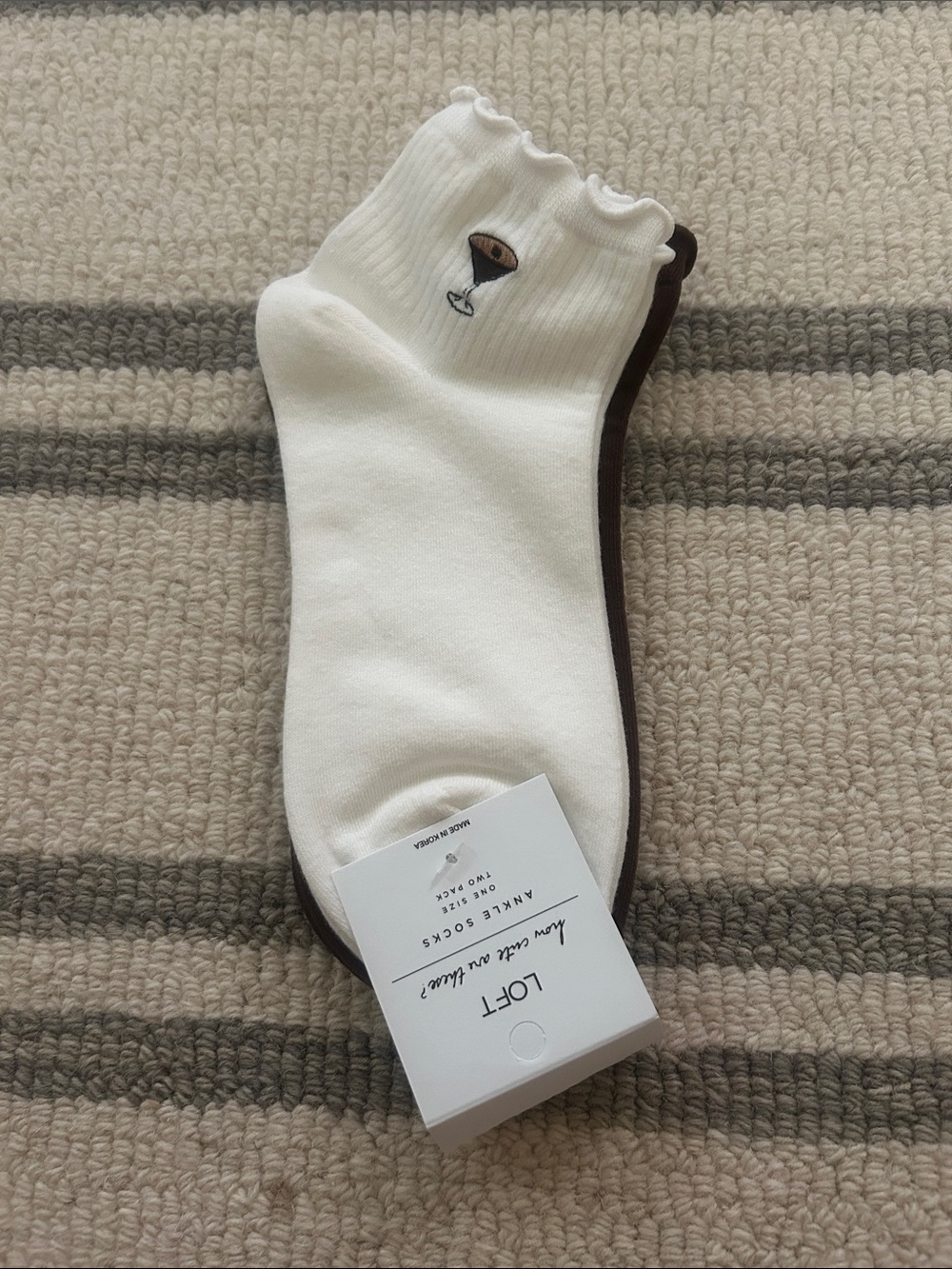 LOFT White Anklet Socks with Brown Trim and Cocktail Embroidery